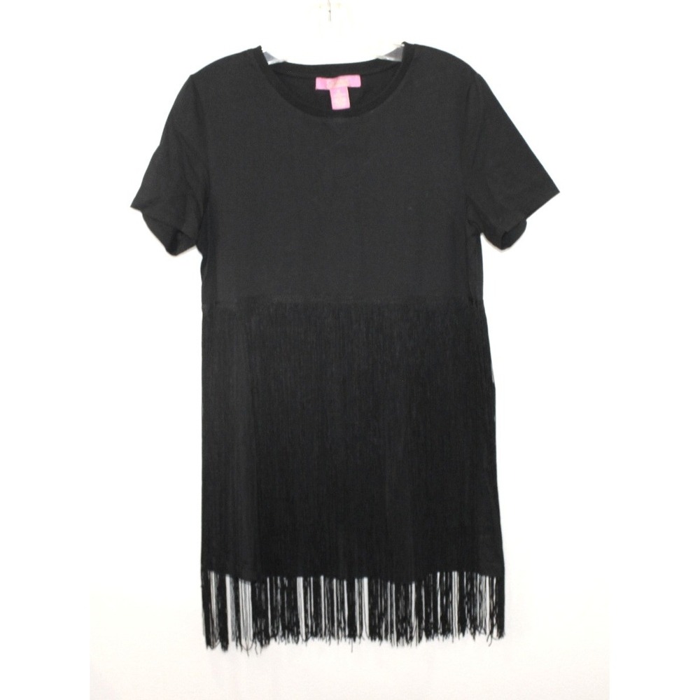 Catherine Malandrino Medium blouse top black fringe short sleeve tunic dress